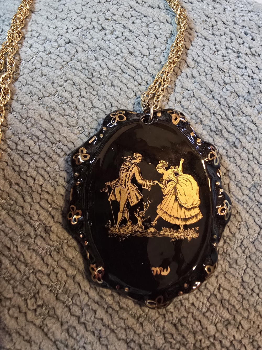 Marquise Pompadour Black and Gold Vintage-Style Romantic Scene Pendant Necklace